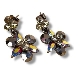 Vintage SNK Earrings Chrome Look Glam Goth Retro Event Rhinestone Multicolored